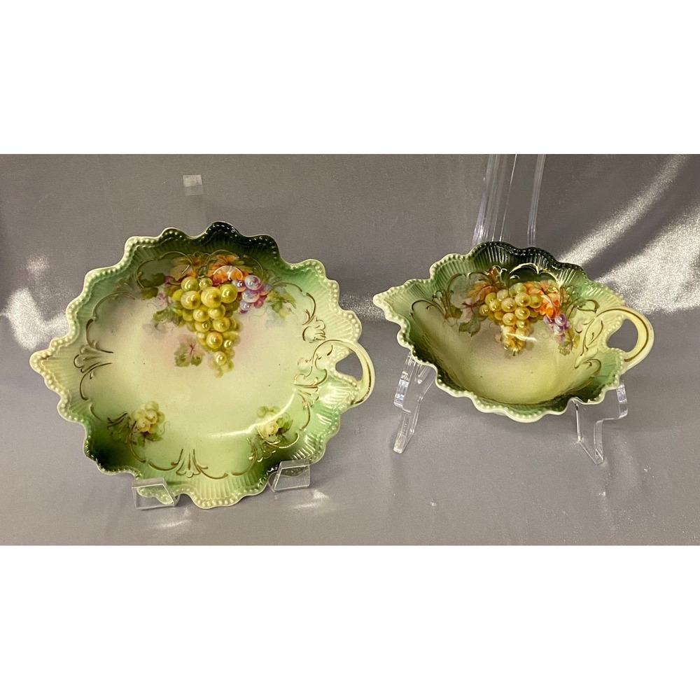 Two Antique Hand Painted Austria Bowl And Saucer Painted /Green Grapes PreOwned